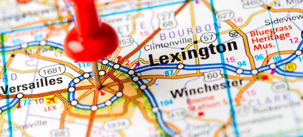 Map of Lexington, KY pinpointing access to substance abuse treatment and residential rehab facilities.